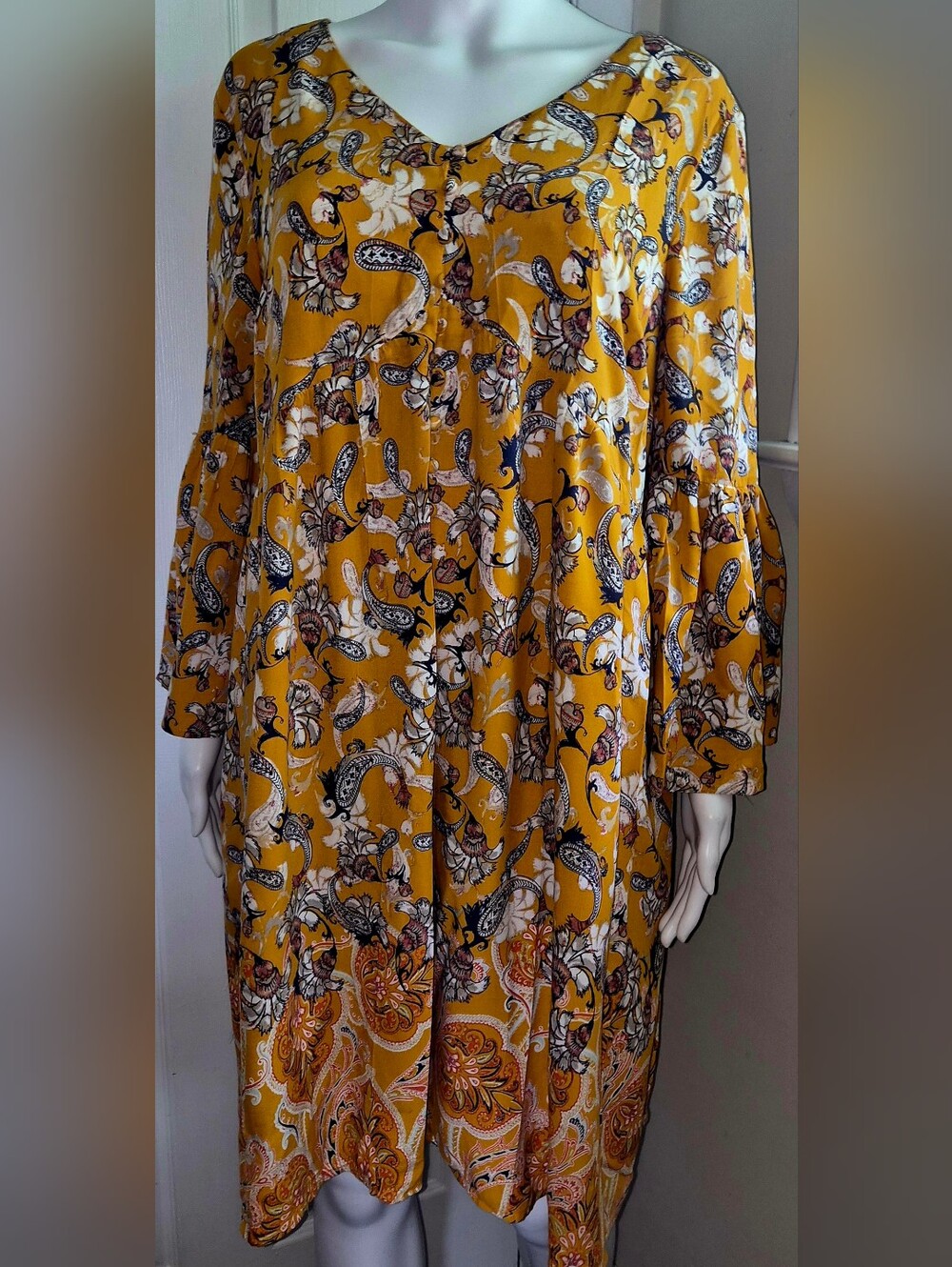 C. Est 1946 Cato Mustard Yellow Paisley Print Bell Sleeve Swing Dress